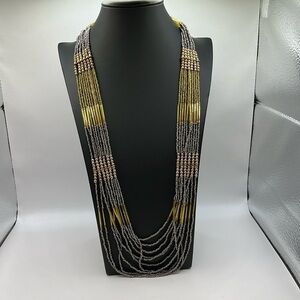 Vtg Long Strands Gold Seed Beads Gold Tone Tubes Necklace